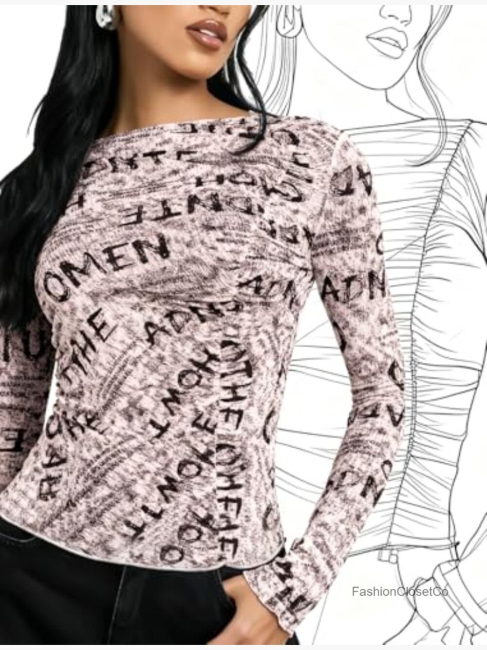 Sheer Long Sleeve Letter Print Mesh Blouse Sexy Y2K Vintage Tunic Top - Picture 2 of 7
